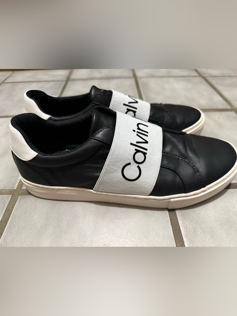 Calvin Klein Black Leather Slip-On Sneakers/White Logo elastic band - (men 10.5)